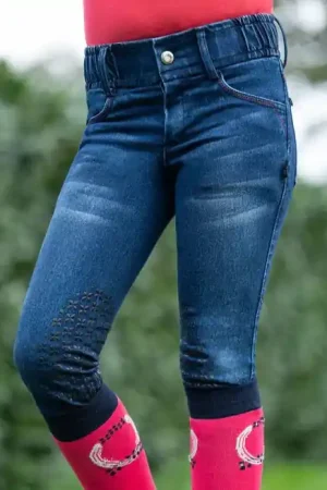 Pantalon équitation fille HKM Aymee Denim basanes grip Super Prix