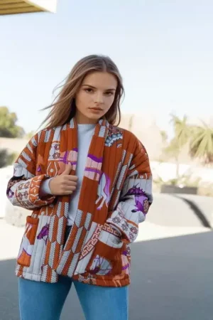 Manteau matelassé Kimono imprimé chevaux Cécile Wang Haute Qualité
